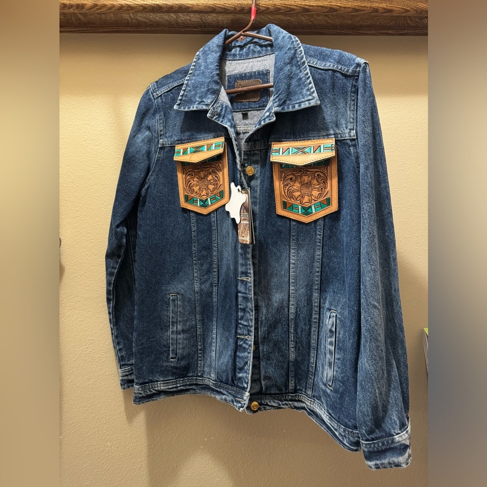 American Darling leather hand tooled jean jacket size large